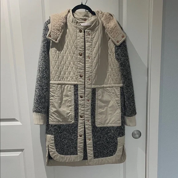 SEE BY CHLOE WOOL BLEND HOODED QUILT JACKET - Beige and Black - Picture 1 of 5